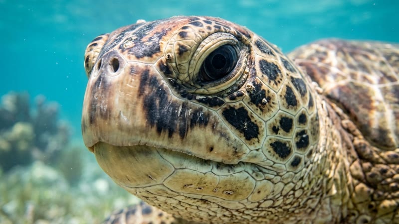 Close-up of a green sea turtle's face underwater